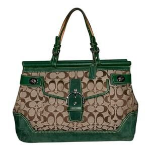 Vintage Coach Soho Green leather Khaki Signature Dowel Turn lock Satchel 9749